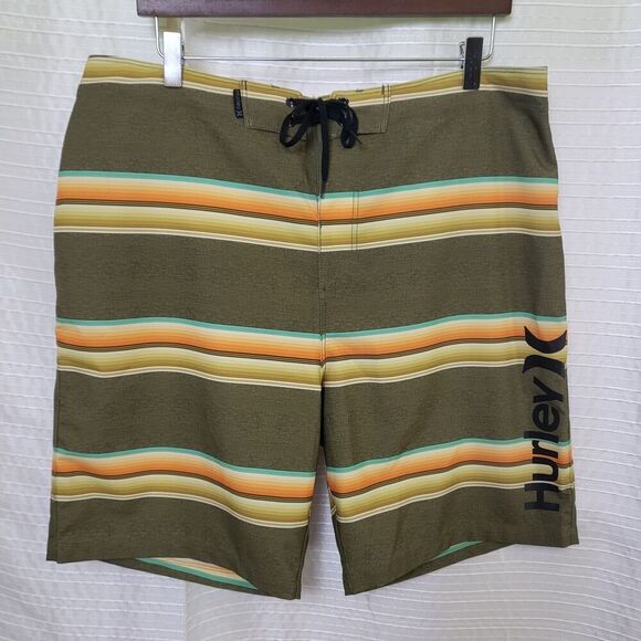 Hurley Board Shorts Drawstring Green Stripe 8.5" Inseam Men's 36 - Picture 1 of 10